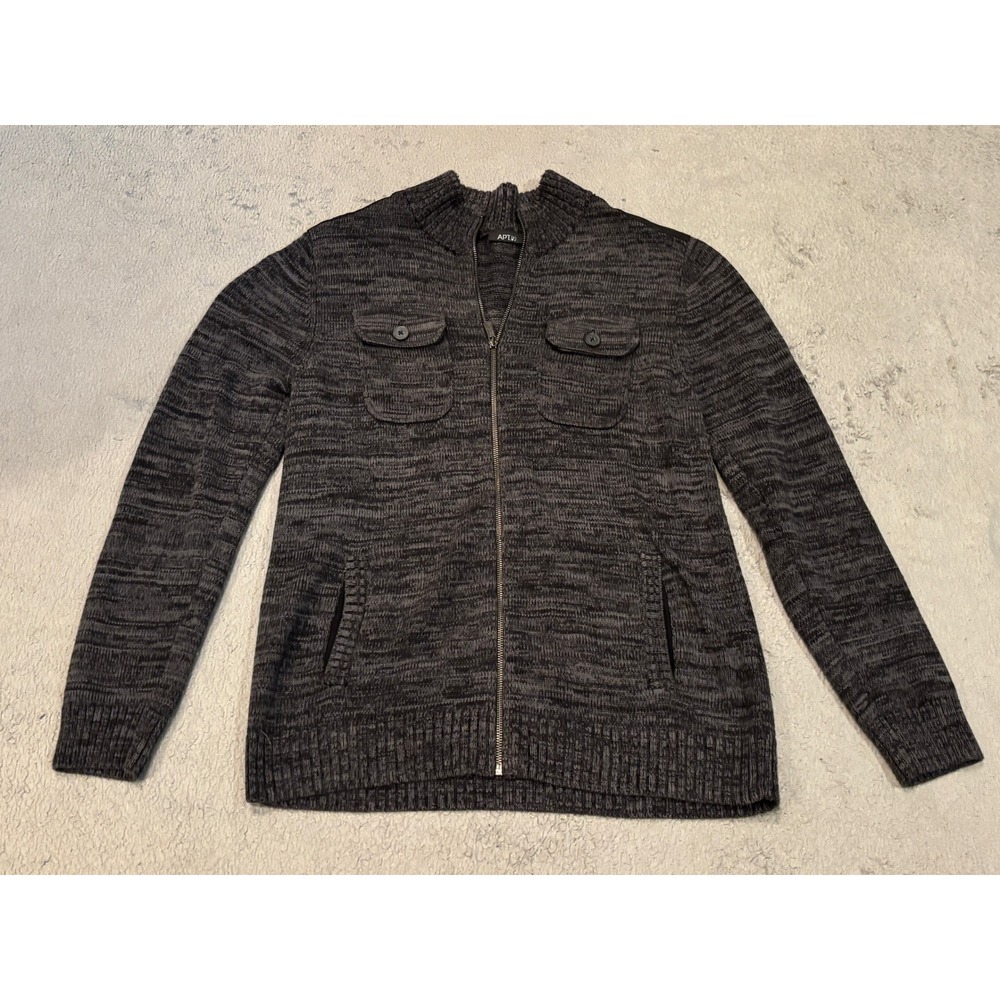 Apt 9 Mens Large Full Zip Sweater Gray Black Space Dye Cotton Mock Neck Jacket